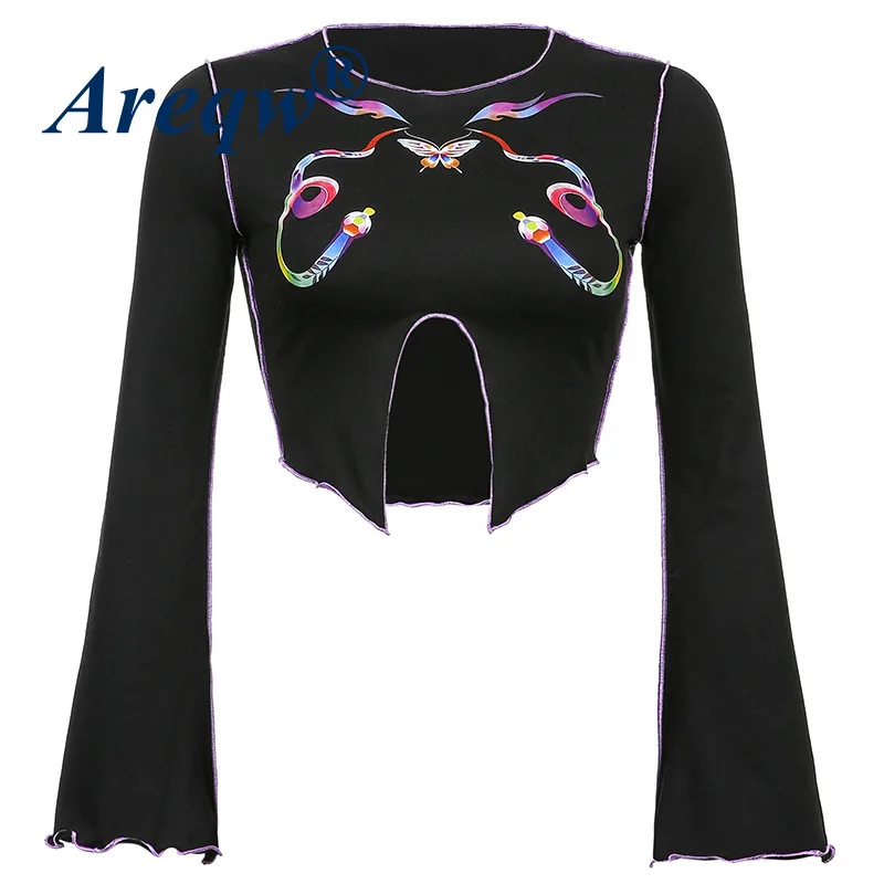 

2021 New Personality Irregular Hem Butterfly Print Long-sleeved T-shirt Female Short Trumpet Sleeve Top with Wood Ears