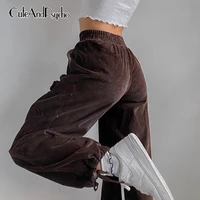 streetwear joggers women brown corduroy pants oversized big pocket high waist sweatpants harajuku cargo pants cuteandpsycho