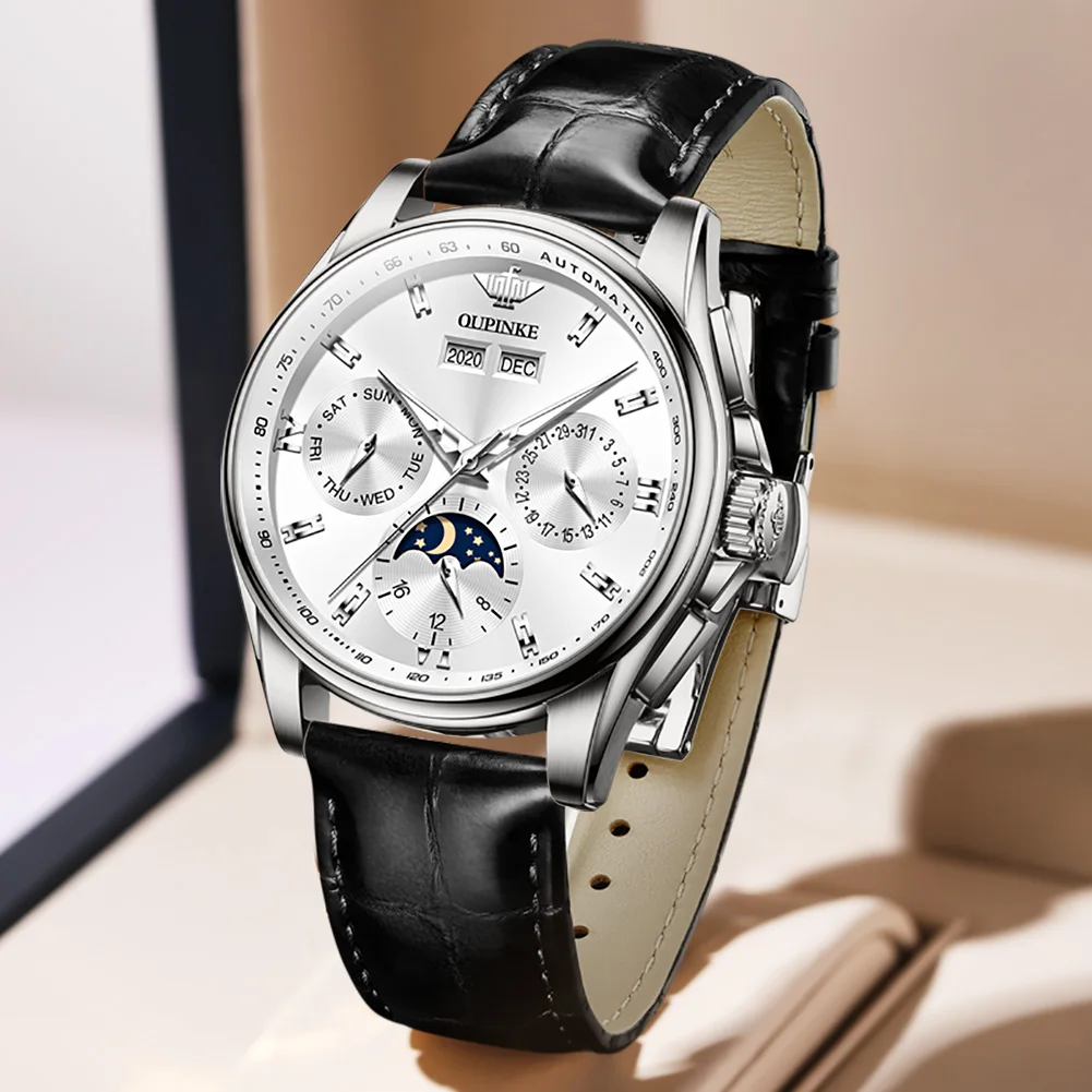

OUPINKE Siliver Men Automatic Watch Moon Phase Luxury Mechanical Wristwach Sapphire Glass 50M Waterproof Mens Watches 3189