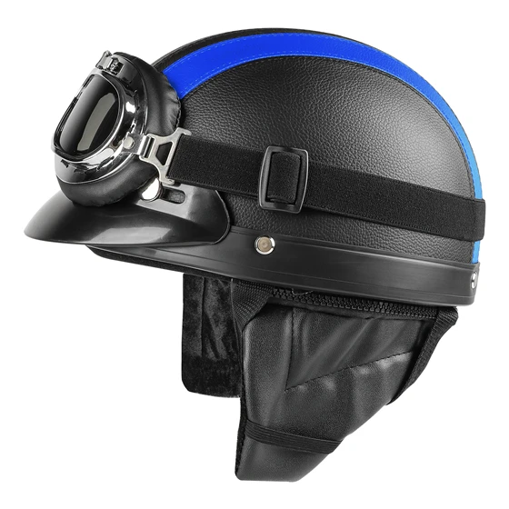 Black Blue Зимние мотоциклетные шлемы, велосипедные шлемы с теплой шеей+ козырек, очки из искусственной кожи, велосипедный шлем с открытым полулицом для мужчин и женщин, велосипедный шлем - Цвет: Black Blue