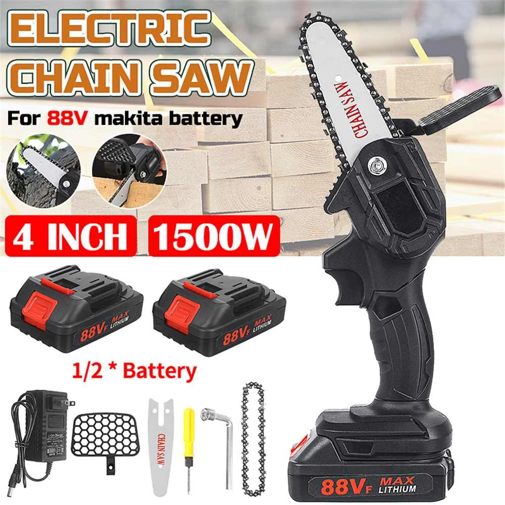 

1500W 88Vf 4 Inch Electric Chain Saw With 2 Battery Garden Pruning Logging Saw Woodworking Power Tools Adapt For Makiita Battery