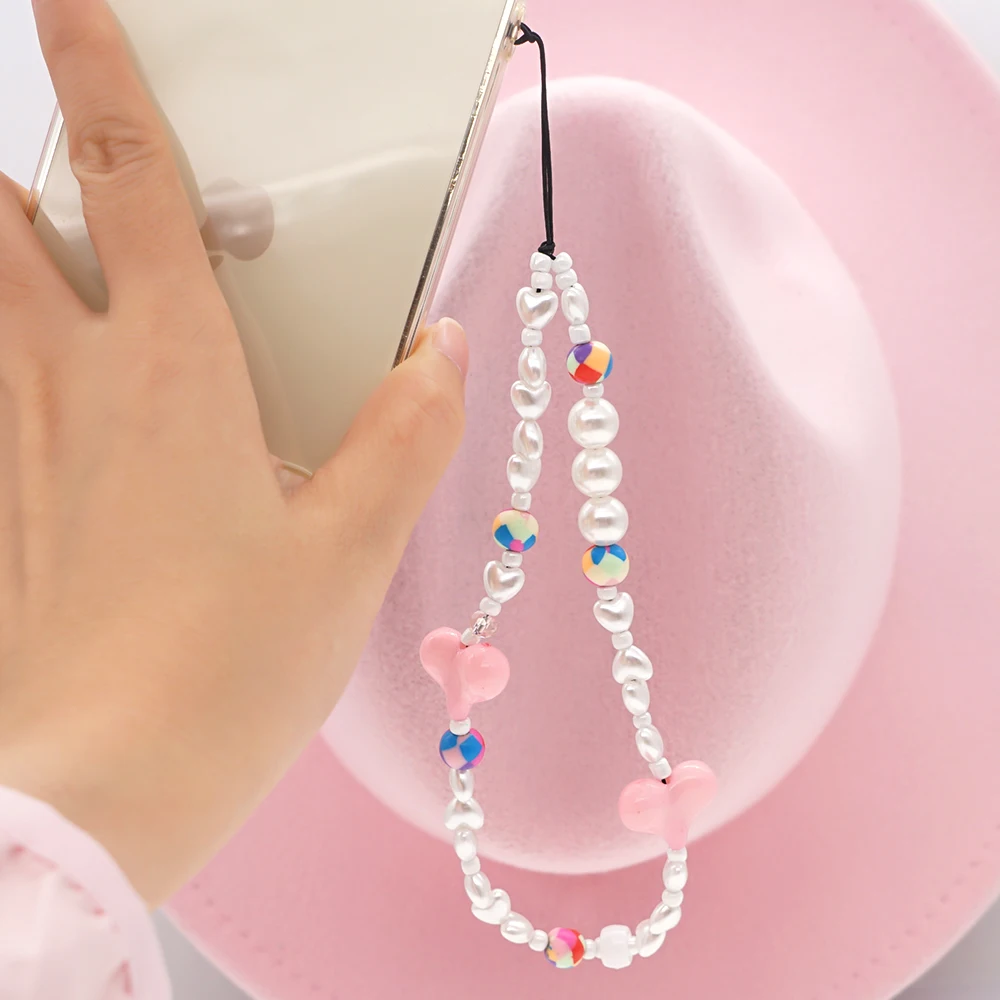 Shinus Pearl Phone Charm Pink Heart Chains Imitation pearl cellphone chain Anti-lost Telephone Charm for Women Girl Ladies Gift
