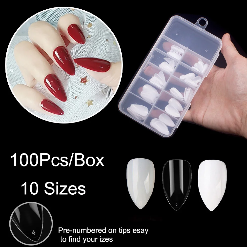 

100Pcs/box Clear Fake Nails Tips Artificial Stiletto Nails Nail Tips Almond False Nails Full Cover Fake Nails Art Decoration