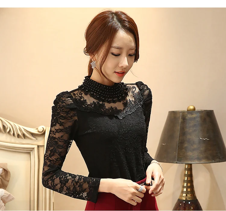 Блузка женская кружевная с воротником стойкой и длинным рукавом размеры до