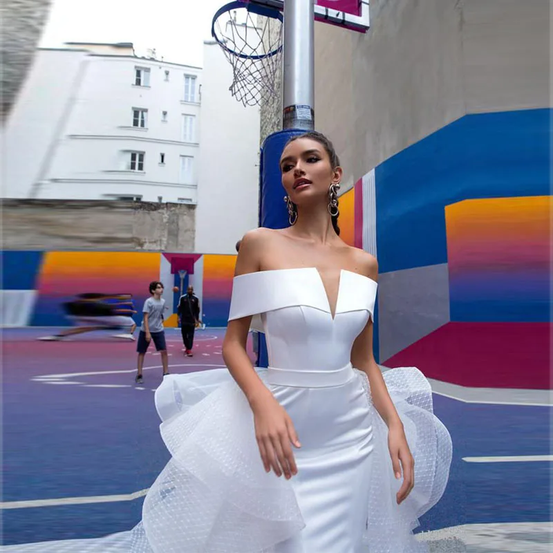 MoonlightShadow Simple Style Wedding Dresses Mermaid Boat Neck Short Sleeves Zipper Two Pieces Bridal Gown Свадебное платье