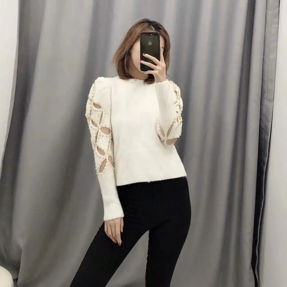 Женский трикотажный свитер ZA белый Повседневный пуловер с вырезами и золотыми