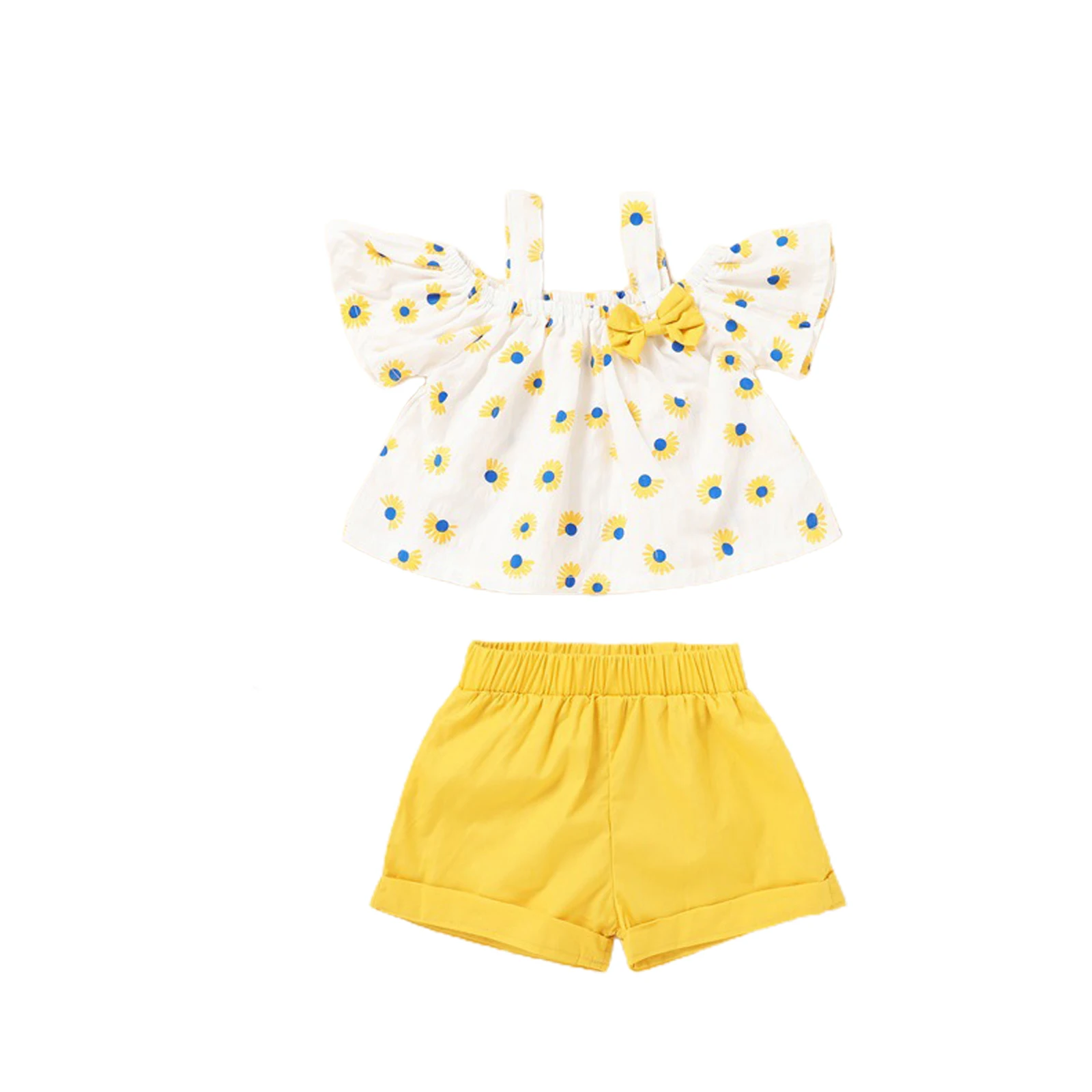 

Infant Baby Girlâ€™s Short-sleeved and Shorts Set Sweet Sunflower Boat Neck T-shirt and Solid Color Short Pants
