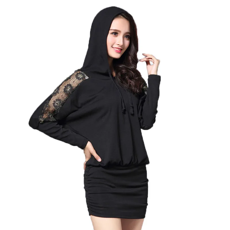 Зимние женские платья кружевное платье с капюшоном и длинным рукавом черные