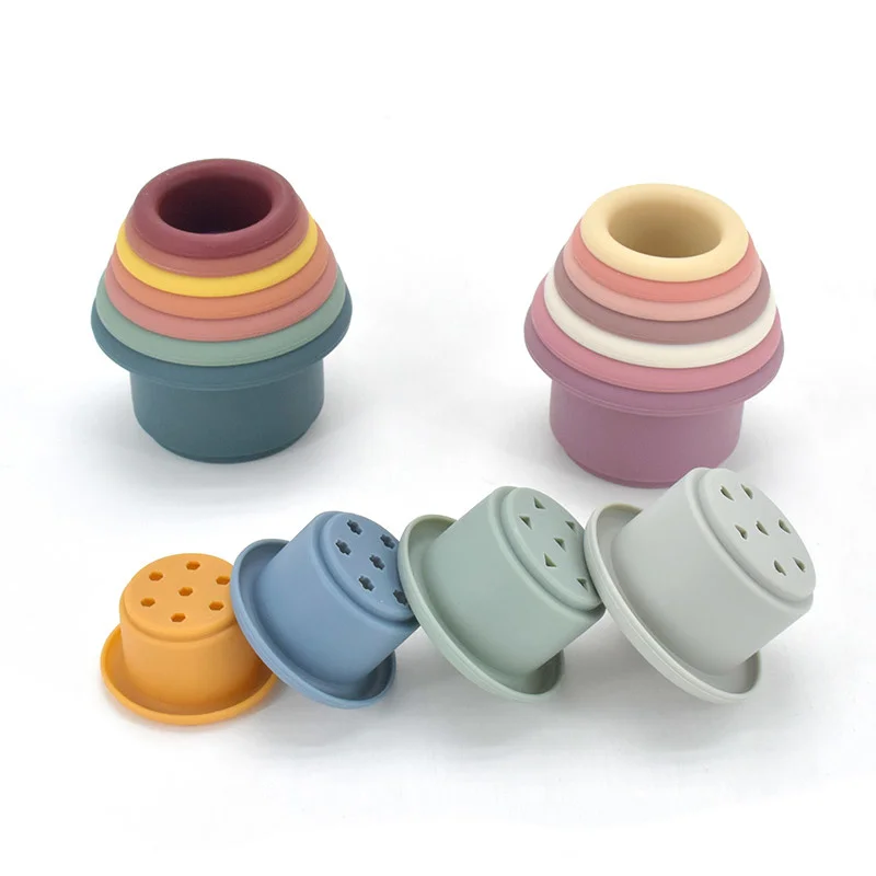 

Montessori Educational Toys Baby Silicone Stacking Cups Colorful Intelligence Gift Folding Tower Toys Infant Bath Play Water Set