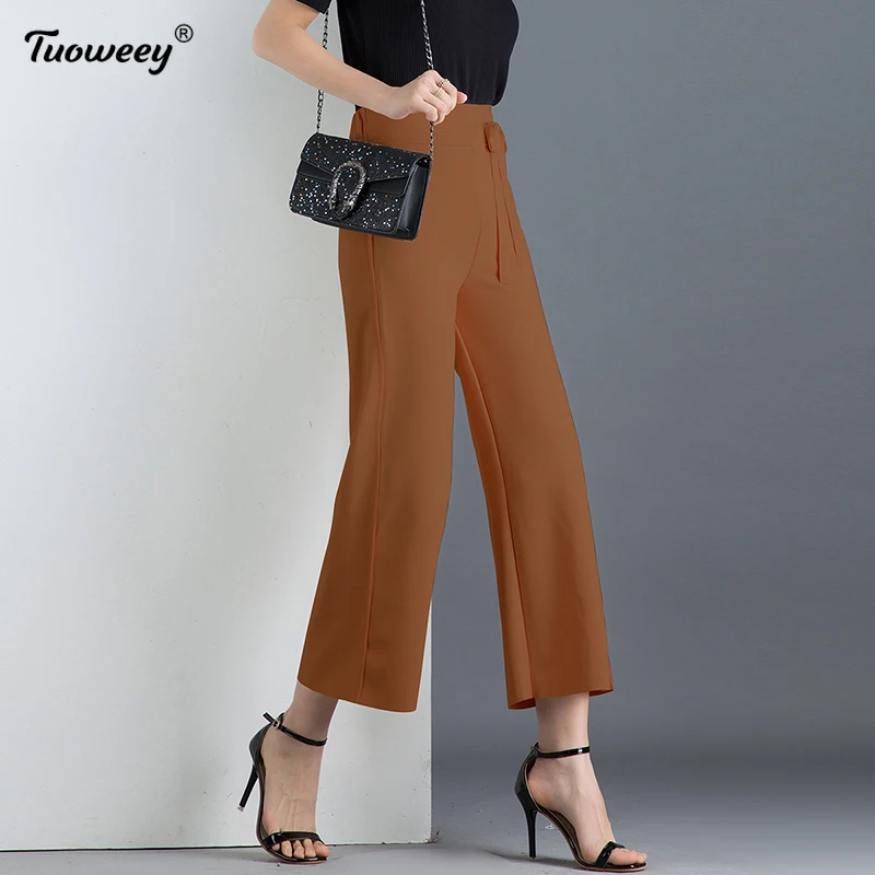 

office ninth loose pants woman mid waist pants sashes pockets office ladies pants fashion middle aged black yellow pants