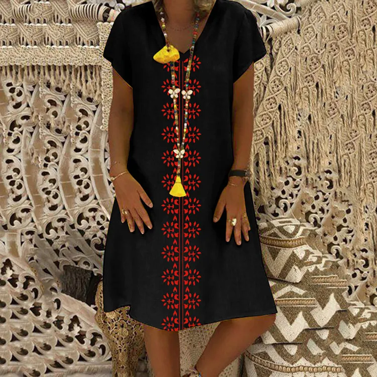 

Vintage Women's Summer Dress Short Sleeve Cotton Linen Dress Robe V Neck Casual Loose Party Bohemia Female Dresses