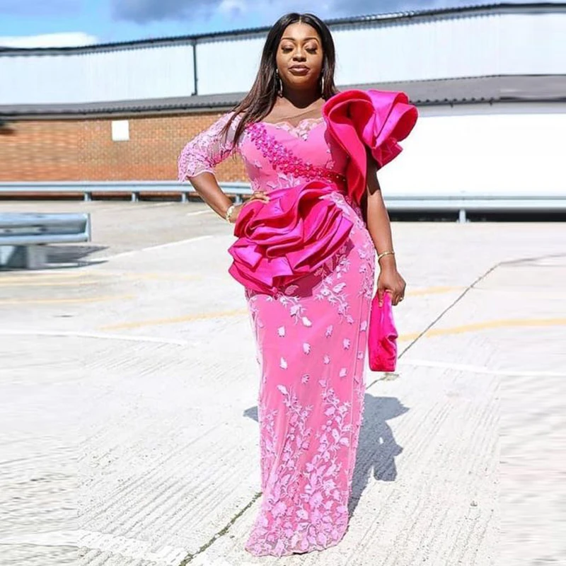 

New In Pink Lace Evening Dressing Gowns Aso Ebi Style South Afraic Plus Size Flower Prom Dresses Mermaid Custom Made Ruffles