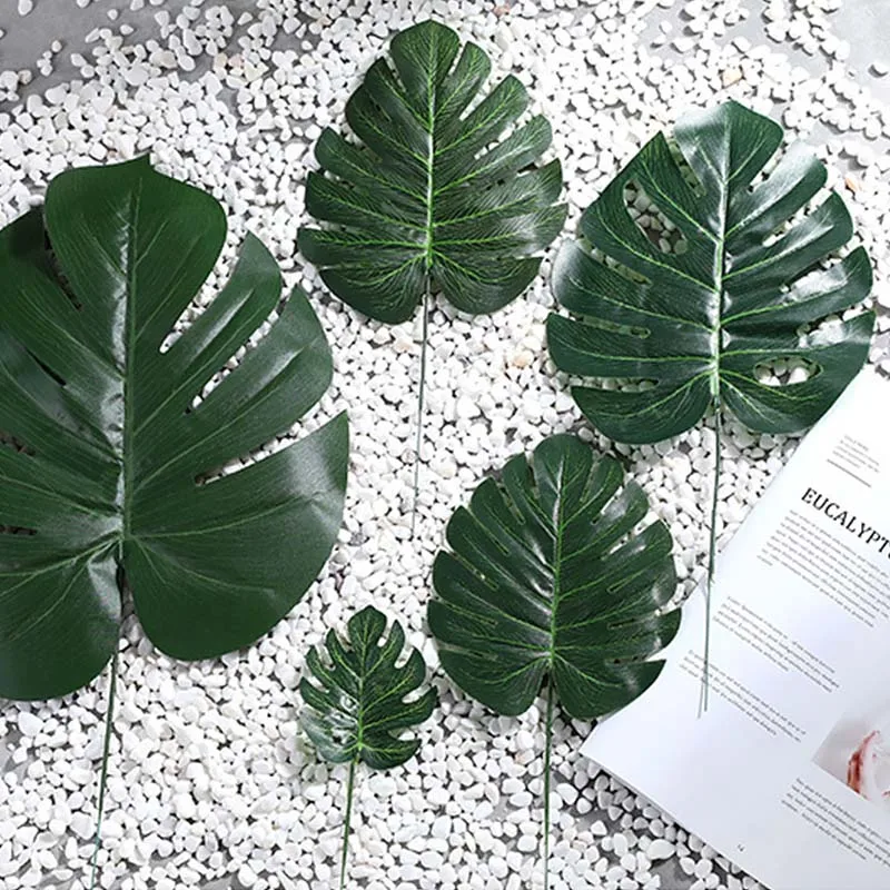 

20pcs Simulation Green Monstera Leaf tropical palm tree Leaves Wedding Decoration Artificial Plants Beach Theme Table Decor