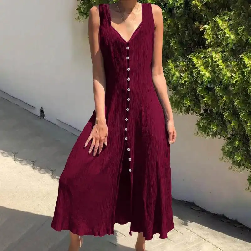 Wine Red ZANZEA, летнее женское платье, элегантное, однотонное, длинный жилет, Vestidos, на пуговицах, v-образный вырез, Vestidos, сексуальное, с разрезом, длинное, макси, сарафан, 7 - Color: Wine Red