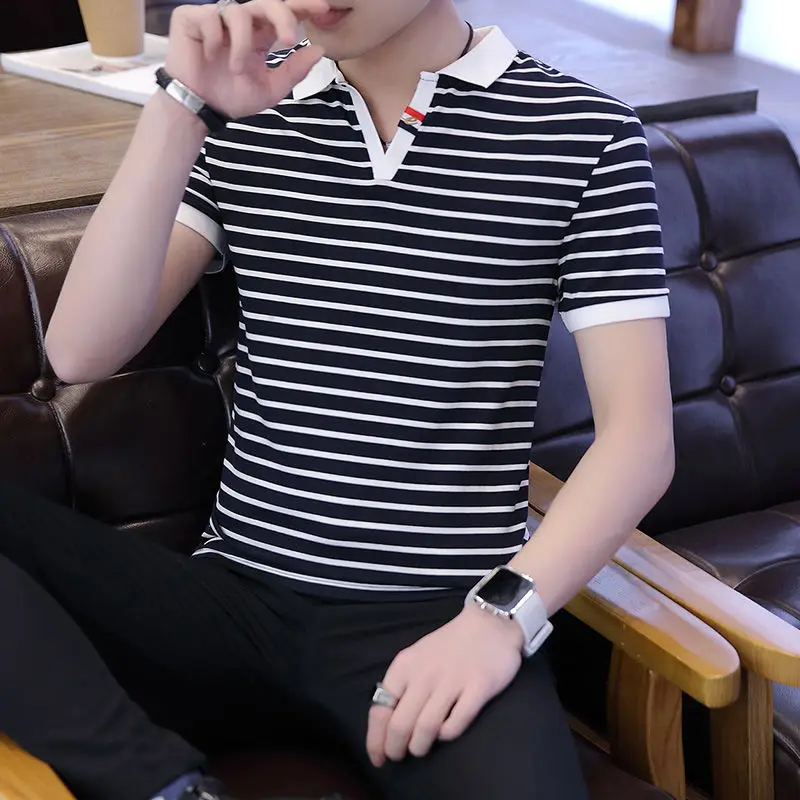

Men's Short-Sleeved T-shirt Pure Cotton Trendy Shirt Collar Korean Style Slim V-neck Summer Striped Half Sleeve Men's Polo Shirt