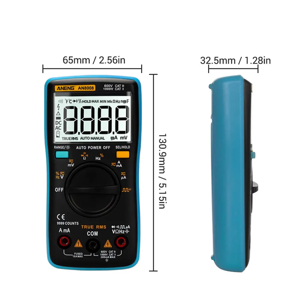 

AN8008 Digital Multimeter 9999 counts True-RMS Square Wave Backlight AC DC Voltage Ammeter Current Ohm Auto/Manual