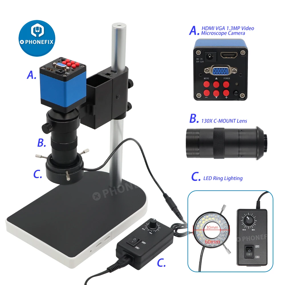 

13MP 60F/S HDMI VGA HD Industrial Digital Microscope Camera Set Electronic Soldering Microscopio 130X C Mount Lens 56 LED Lights