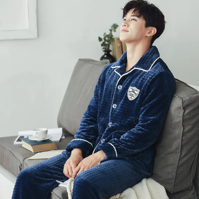 Men's Fall Winter Flannel Cardigan Thickened Warm Coral Velvet Nightwear Large Lapel Home Suit Pajama Lounge Wear Clothing Sets