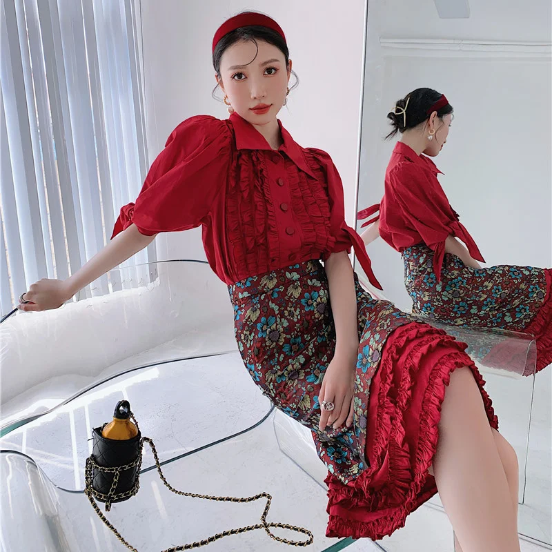 

Kimotimo Red Puff Sleeve Shirt Women Korean Chic Short Sleeve Fungus Design Tops 2021 Summer Minority Chic Loose Button Blouse