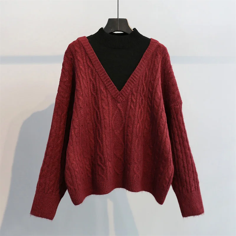 

Fake Two-Piece Sweater Women's 2020 Winter New Products Retro Linen Flower Color Laziness Labuhan Angin Kong Loose-Fit Knit Coat