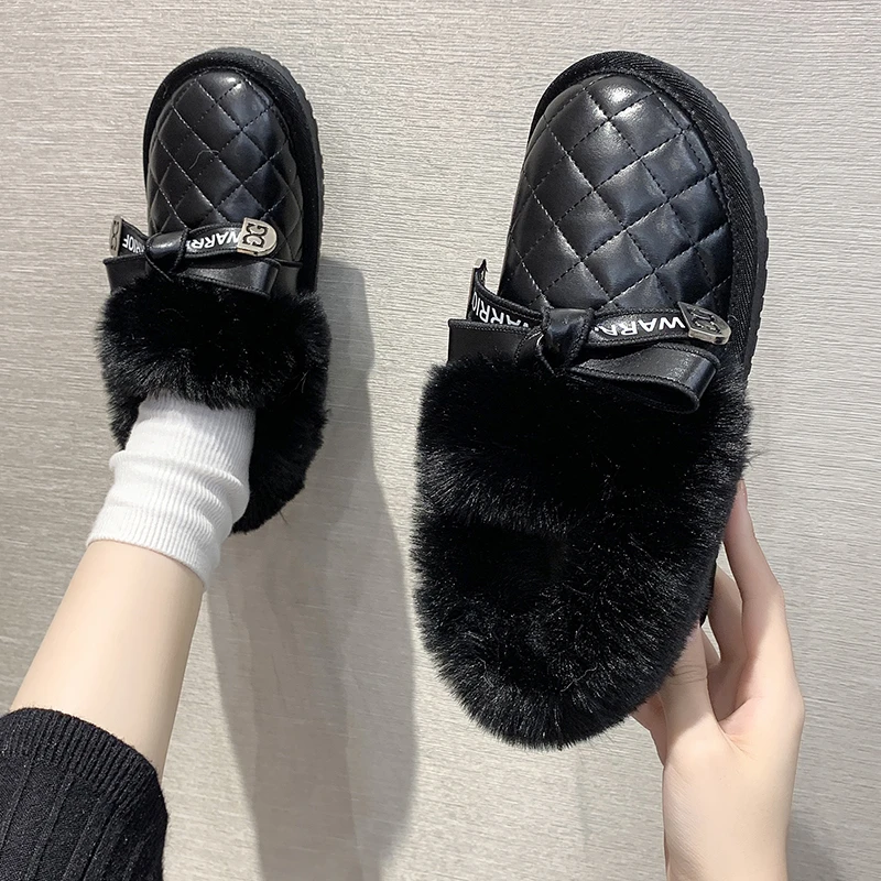 

Women's Flat Shoes 2021 Winter New Plush Bow Pumps Flat Warm Solid Color Walking Shoes Outdoor Leisure Wear Flat Shoes Women