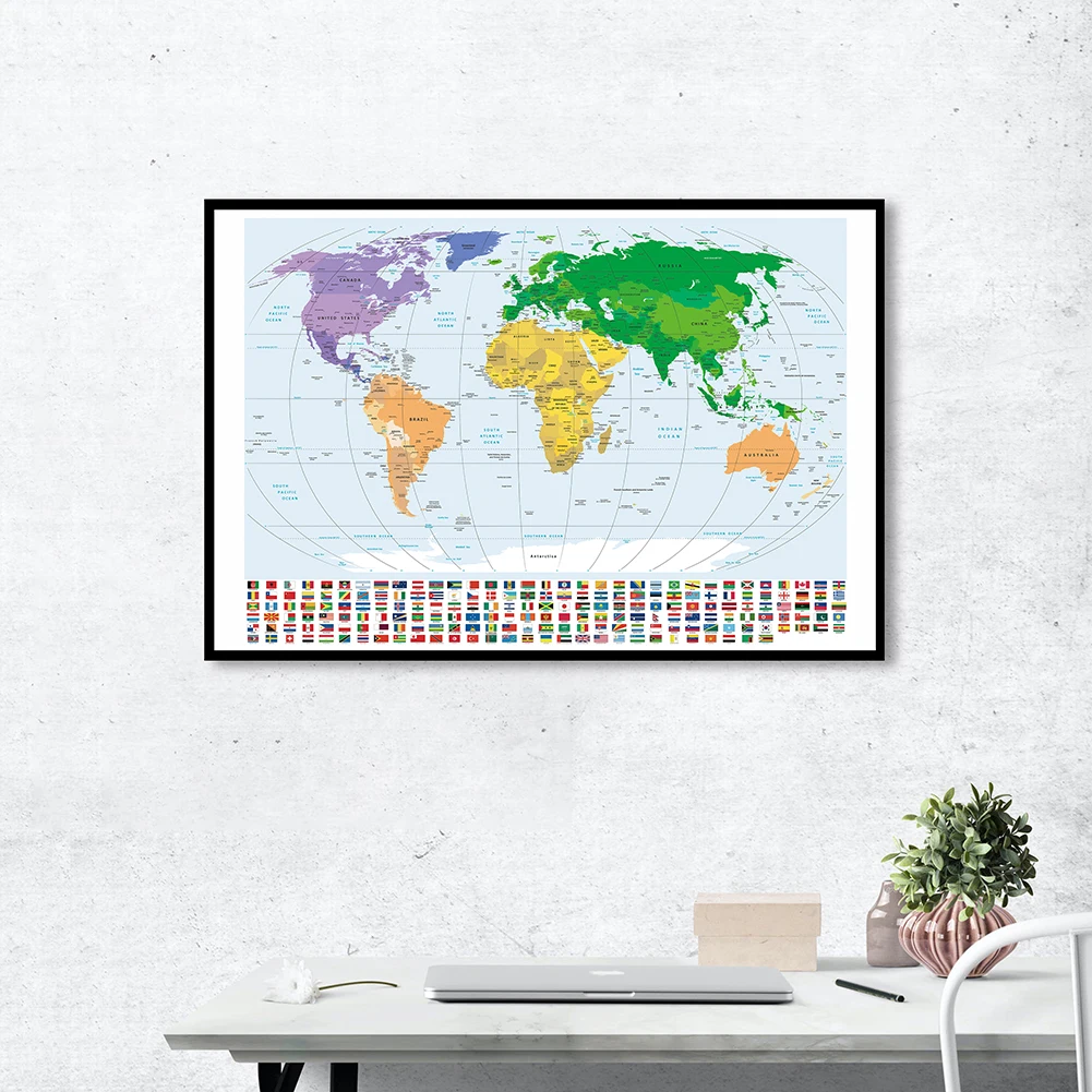 

84*59cm Political Map of The World with National Flags Canvas Painting Wall Art Poster Classroom Home Decor School Supplies