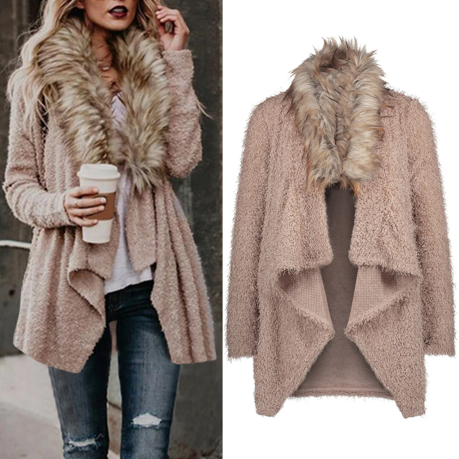 

Winter Women Cardigan Sweater Thick Poncho Capes Autumn Bat Sleeve Fur Collar Wool Sweater Knitted Warm Long Cardigan Shawl Coat