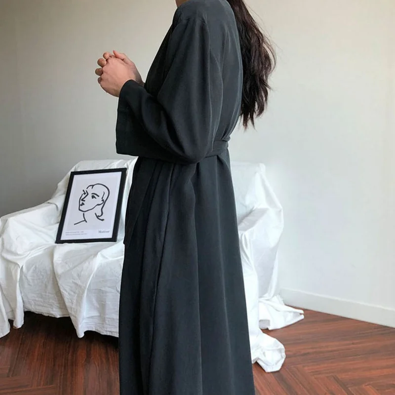 

Korean Retro Lazy Loose V Neck Lace Up Long Dress Womens Solid Color Vintage Elegant Party Clothes Streetwear Spring Autumn