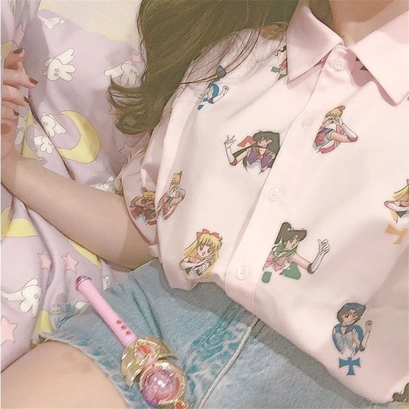 

Japan Anime Sailor Moon Pink Short Sleeve Shirts Harajuku T Shirt Women Fashion Clothes Cosplay Cute Kawaii Korean Style Tops