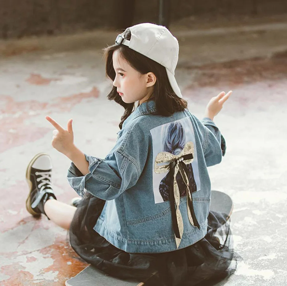 Куртка для девочек джинсовая куртка в стиле пэчворк с бантом Детские костюмы