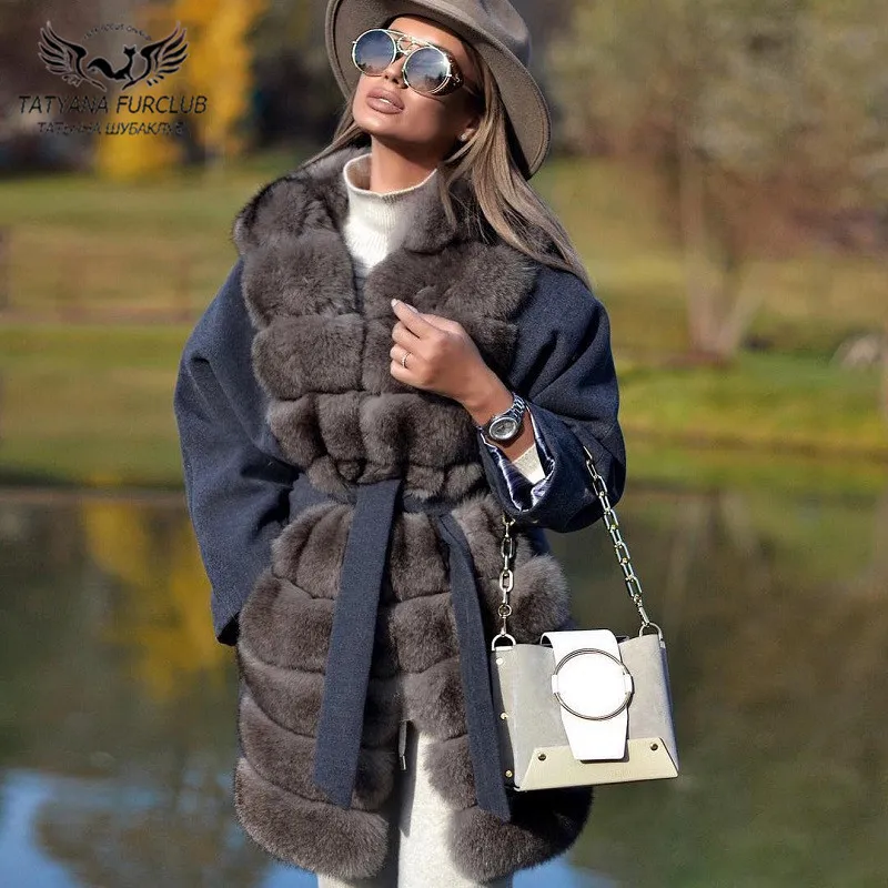 80cm Long Women Natural Fox Fur Cashmere Coat Fashion Winter Whole Skin Fox Fur Wool Blend Coats Luxury Fur Overcoats 2022 New
