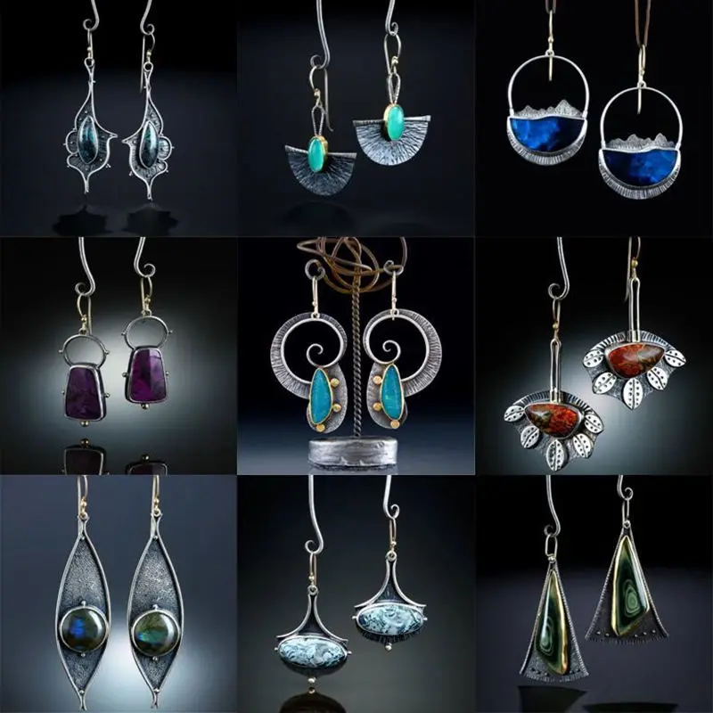 

Boho Ethnic Imitate Blue Opal Stone Spirals Earrings for Women Girl Vintage Handmade Metal Swirl Shape Drop Earring Pendientes