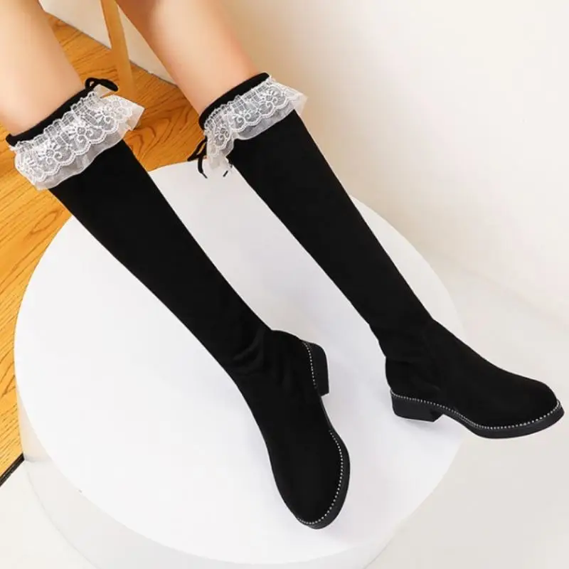 

KemeKiss Women Knee Boots Fashion Lace Thick Heel Winter Shoes Woman Warm Stretch Boot Casual Daily Lady Footwear Size 28-39