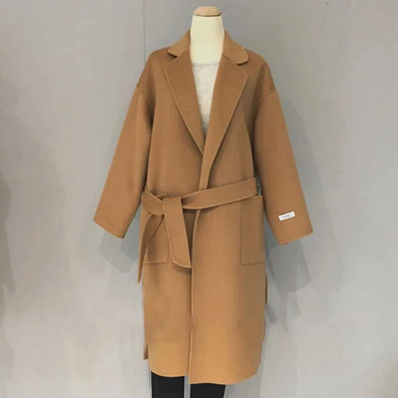 

Loose Women's Long Coats 2019 Winter Women Casual Solid Sashes Wool Blend Coat Jacket Pockets Female Turn-down Collar Coats
