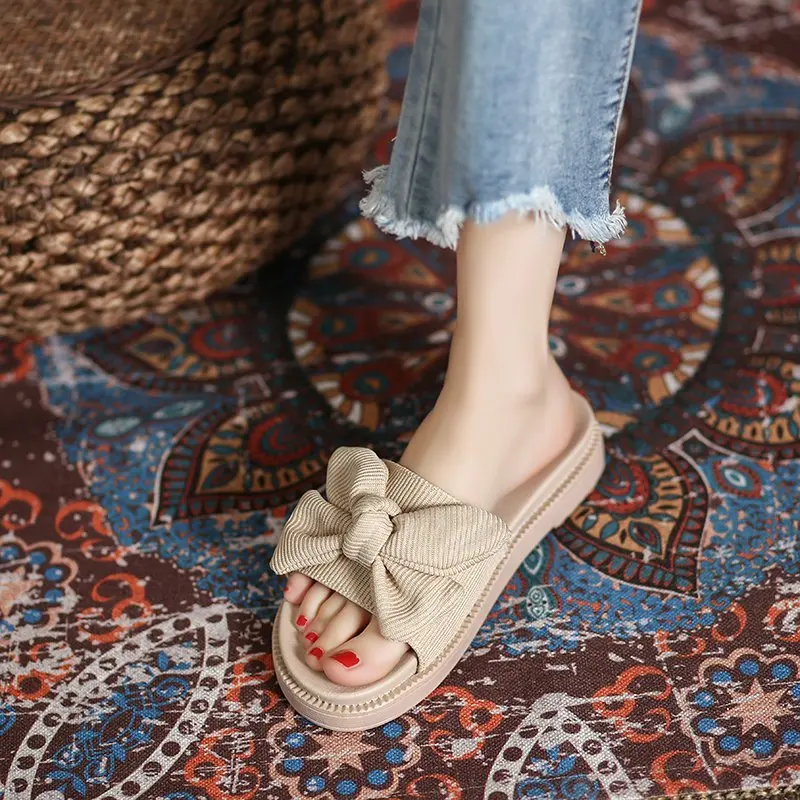 

Female Shoes Slippers Flat Luxury Slides Med Platform Butterfly-Knot 2021 Designer Summer Cotton Fabric Rubber Basic Butterfly-k