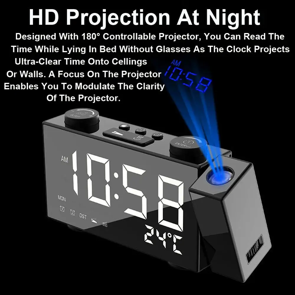 

Digital Alarm Clock With Snooze Function Projection Clock LED Clocks Thermometer 87.5-108 MHz FM Radio USB/Batterys Power Table
