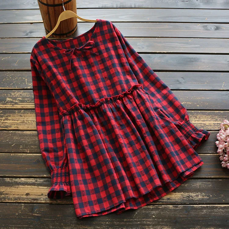 

Autumn Blouse Women 2020 Mori Girl Vintage Casual Shirts long Sleeve Plaid Female Ruffle Cotton Blouse Cover Belly Shirt