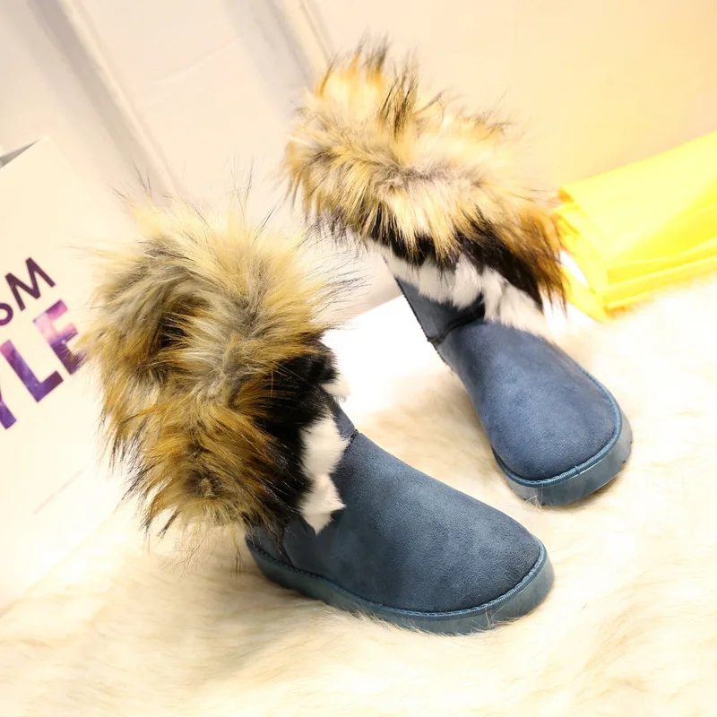 Classic Faux Fox Hair Winter Snow Rain Warm Short fur Boots Women Australian Boots Fashion tube women shoes big size 42