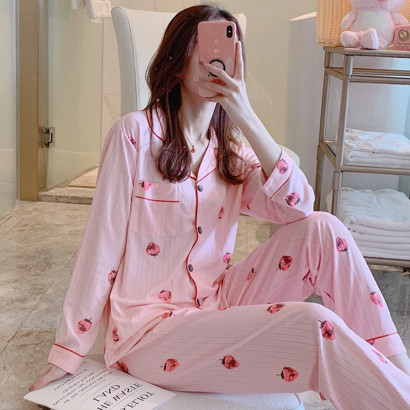Пижамы для женщин с длинным рукавом в клетку в Корейском стиле розовый Kawaii пижамный комплект размера плюс женская домашняя одежда мягкая с отложным воротником - Цвет: 21