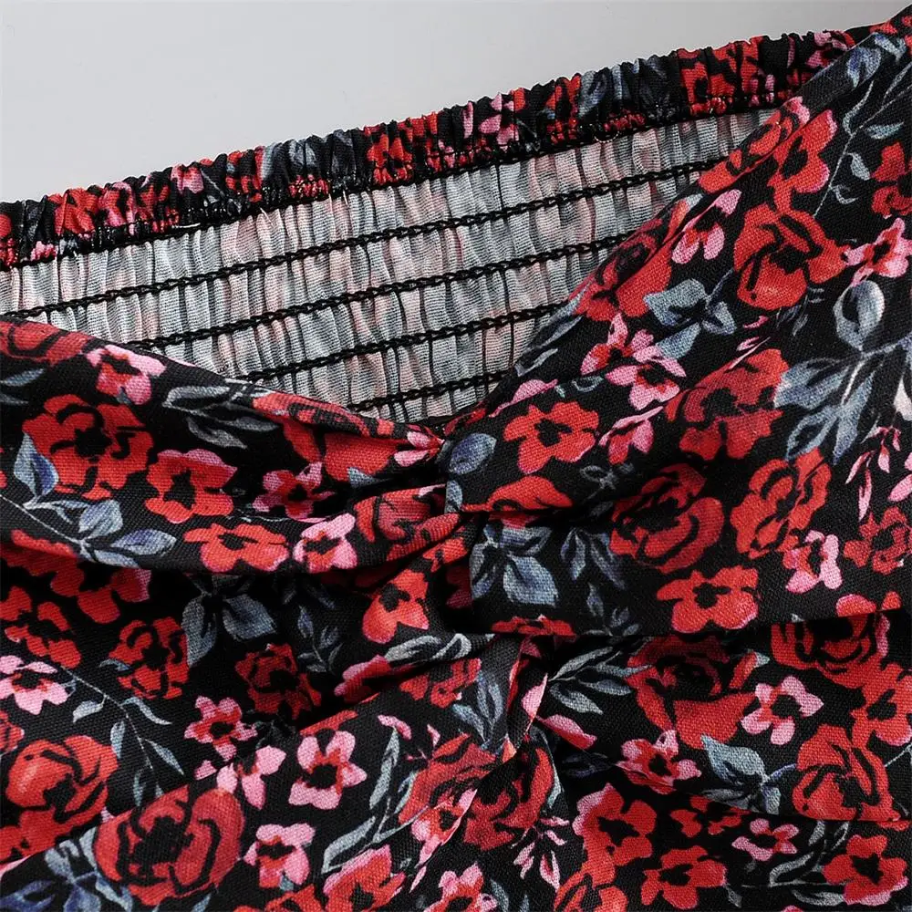 

2020 New Women's Retro Flower Printed Bubble Sleeve Square Neck Top Back Elastic Backless Design Short Shirt