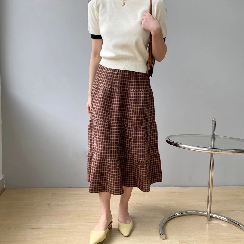 

Spring and autumn women's casual plaid high-waist stitching knitted skirt