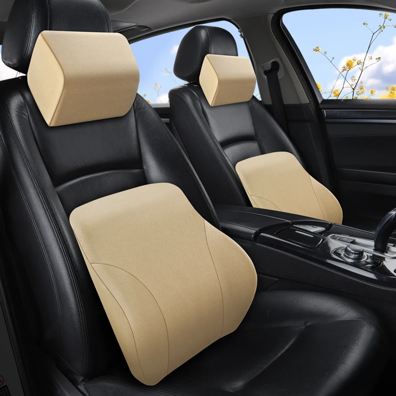 

Memory Foam Car Headrest Pillow Leather Embroidered Seat Supports Sets Back Cushion Adjustment Auto Neck Rest Lumbar Pillows