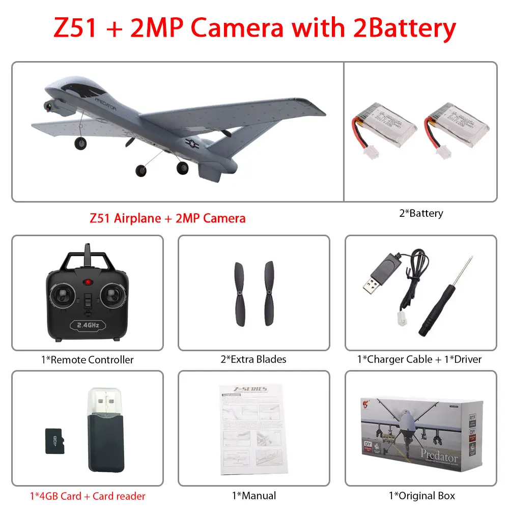 2MP 2B color box Радиоуправляемый самолет Z51 из ЕПП-пены с HD камерой 2 Мп или без камеры, 20 минут в полете - Цвет: 2MP 2B color box