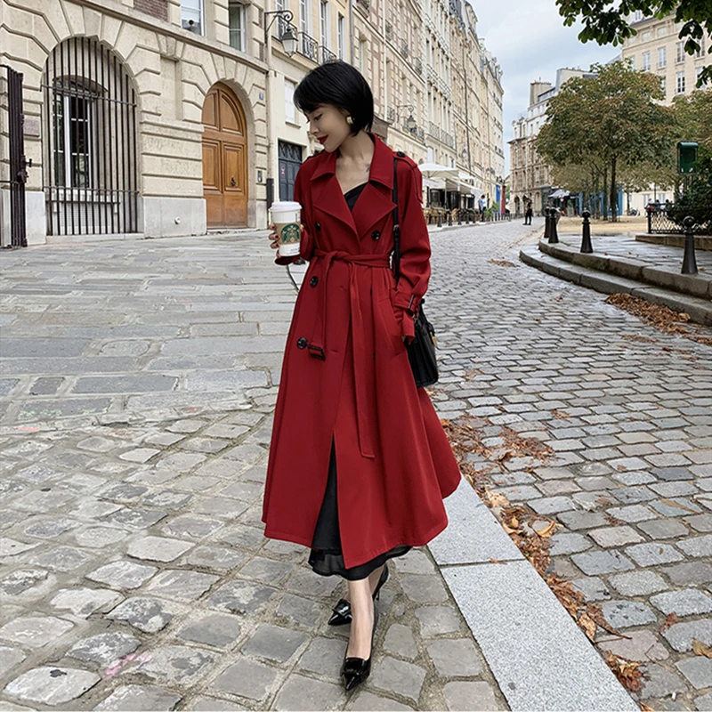 2019 Новинка весны длинный плащ пальто Дамская мода двубортный высокого качества с