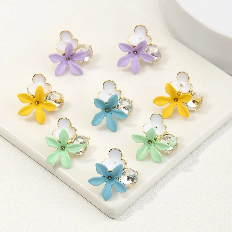 

2021 Korean Fashion Candy Flower Stud Earrings Macaron Flower Hand Painted Zircon Crystal Cute Earrings for Women Student Girls