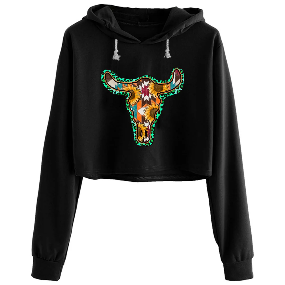 

Aztec With Leopard Bull Skull Crop Hoodies Women Kpop Korean Y2k Kawaii Pullover For Girls