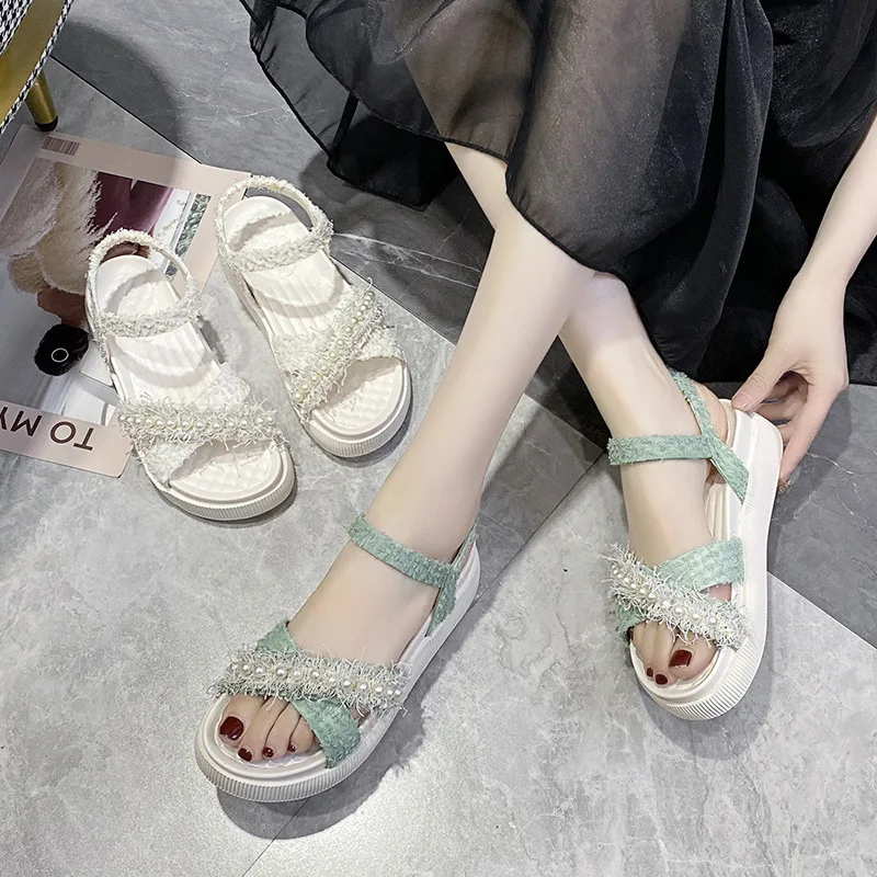 

Roman Style Fashion Sandals Women Pearl Elegant Platform Flat Solid Color Beach Shoes Elastic Open Toe Shoe Summer Cute Outdoor