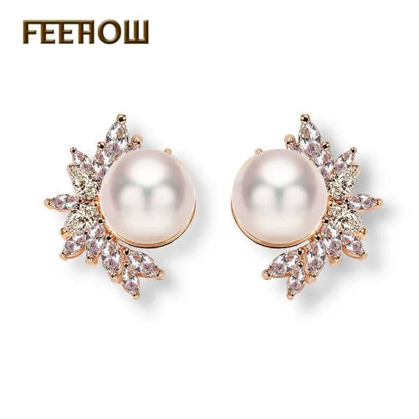 Rose Gold 9 FEEHOW модные свадебные Букле д 'ореиль ювелирные изделия элегантные циркониевые кристаллы цветок жемчужные серьги для женщин подружки невесты подарок FWEP075 - Окраска металла: Rose Gold 9