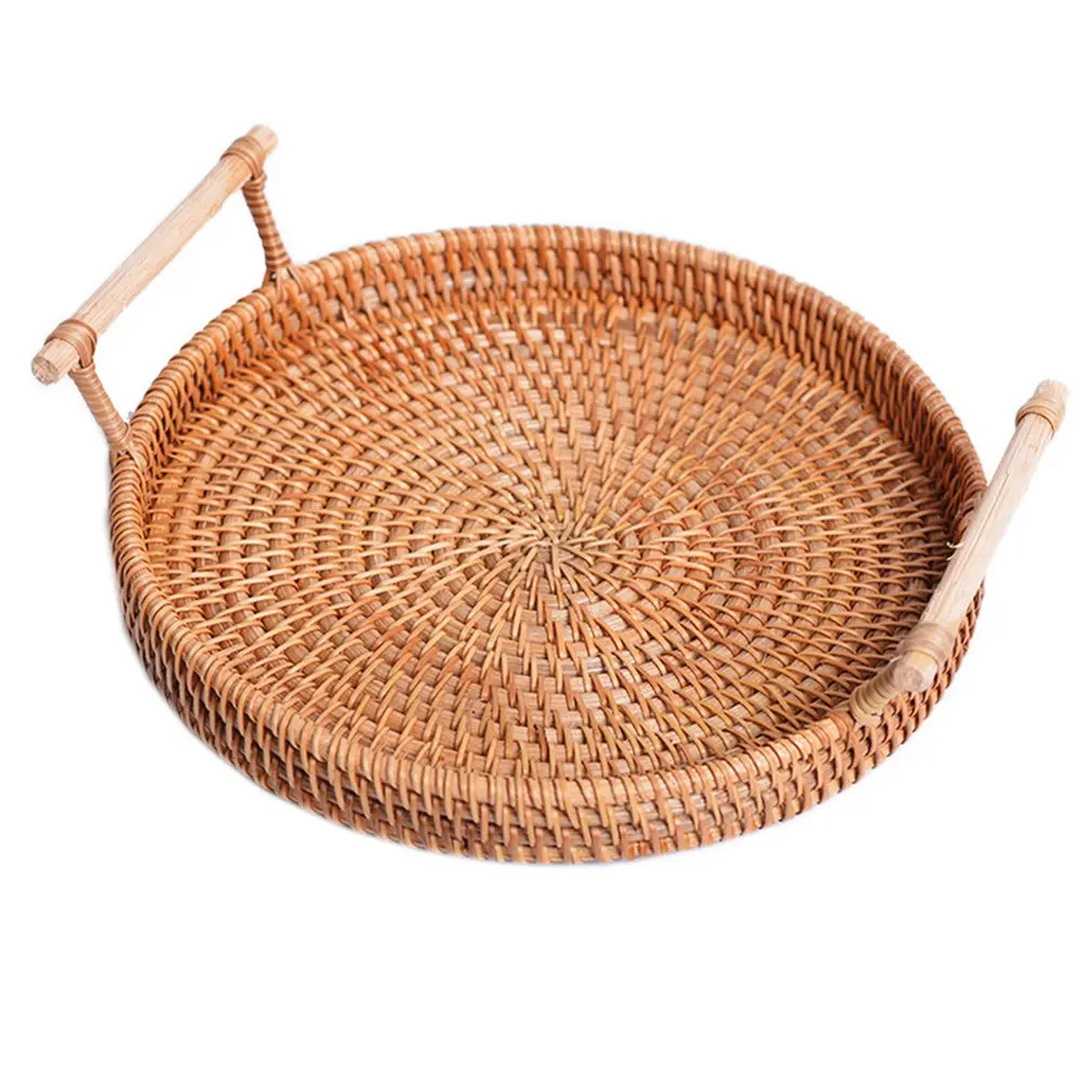 

3 Sizes Rattan Handwoven Round High Wall Severing Tray Food Storage Platters Plate Over Handle for Breakfast Drink Snack Display