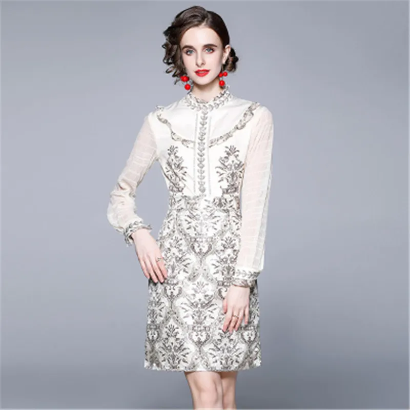 

2021 new French print dress with ruffled mesh, long sleeves, mid-length design, positioning print dress